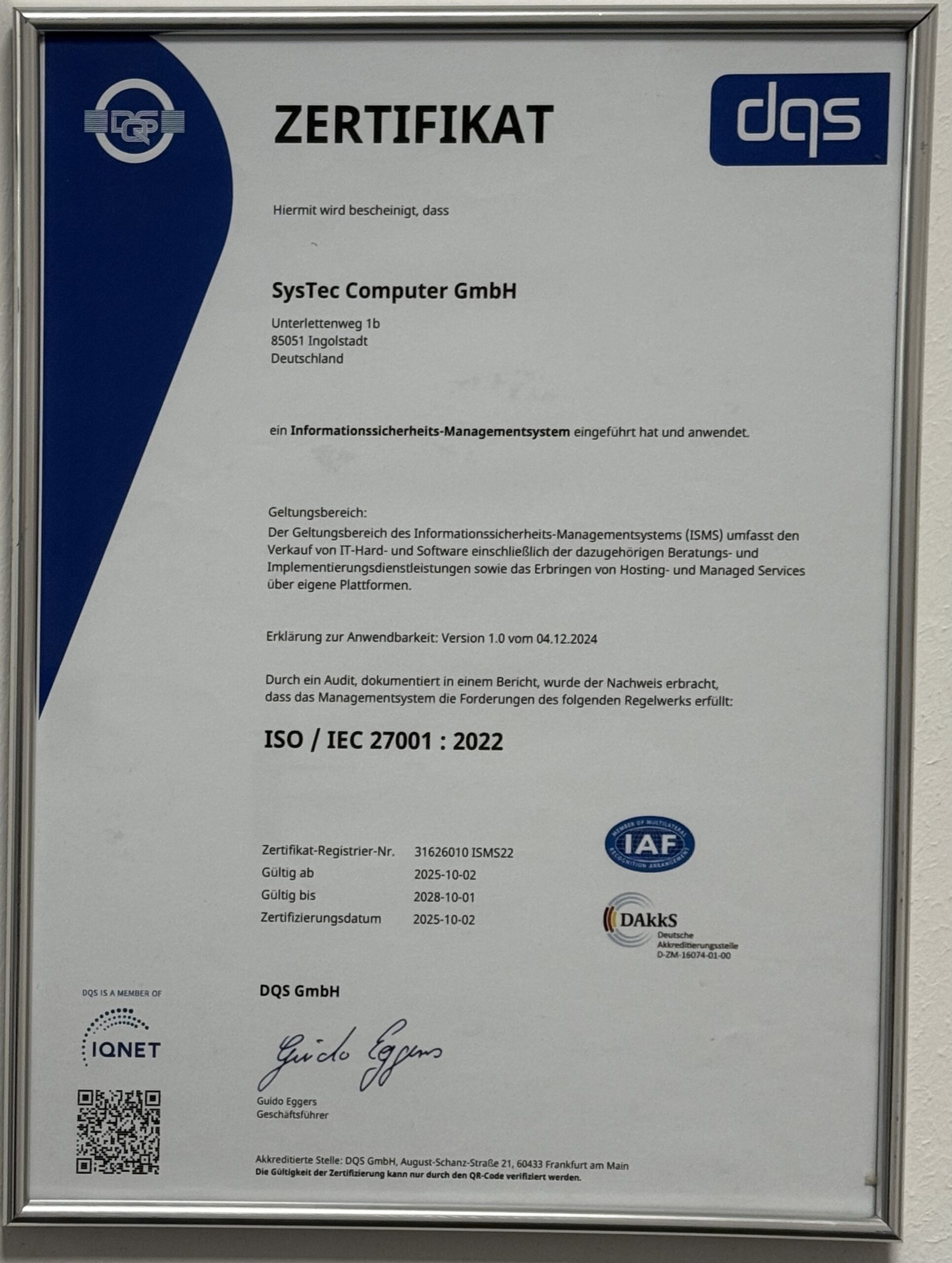 ISO 27001 Zertifikat SysTec