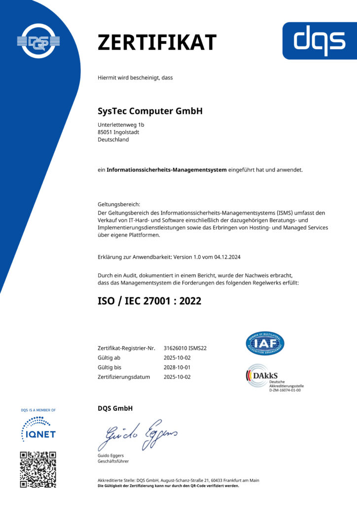 SysTec ISO 270001 Zertifikat